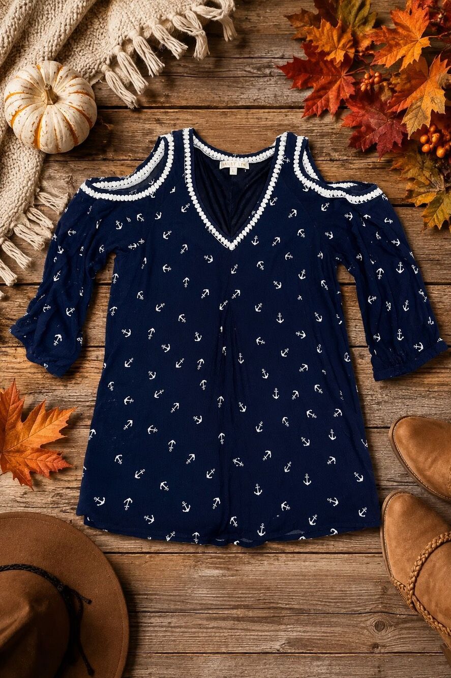 Hailey Lyn Women’s Large Navy Anchor Print Cold Shoulder Blouse Nautical Top